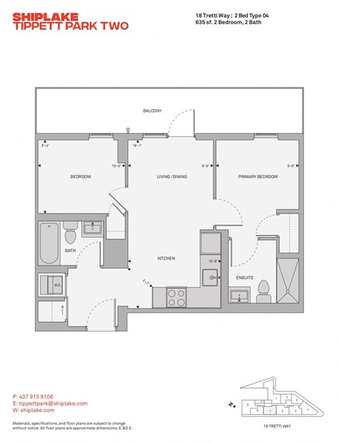 Floor plan for 2 beds, 2 baths, 635 sqft